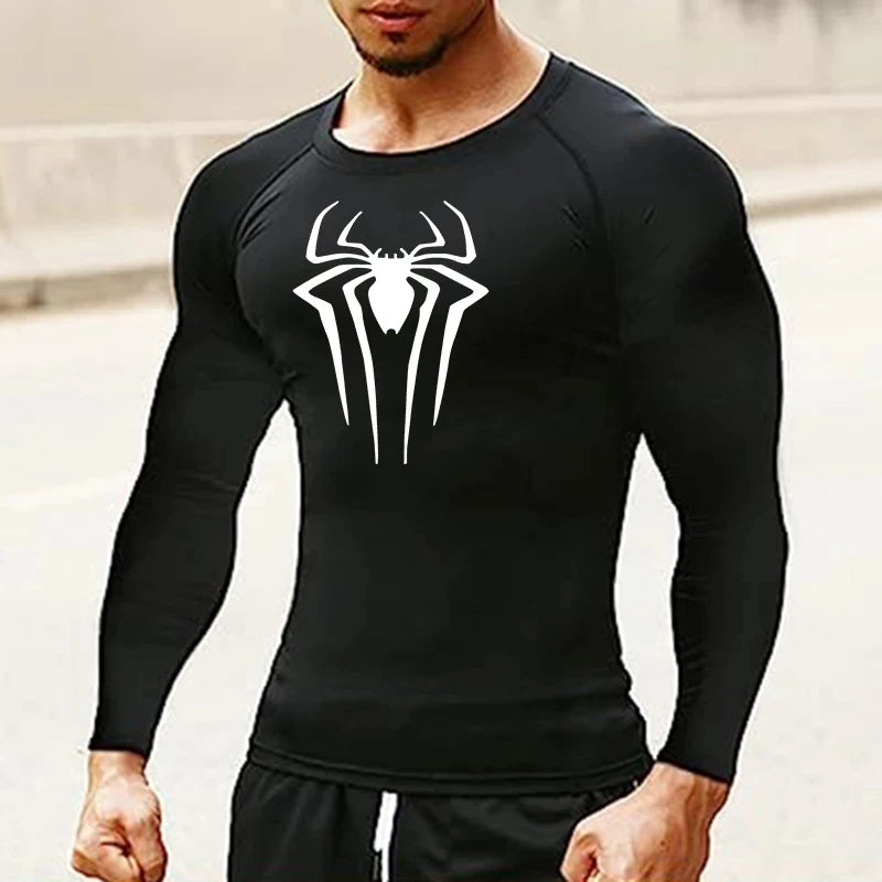 Spider Print Long Sleeve Compression Shirt for Men Fitness