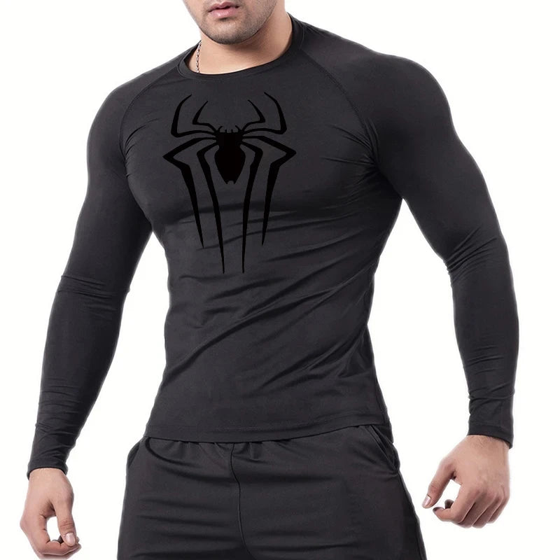 Spider Print Long Sleeve Compression Shirt for Men Fitness