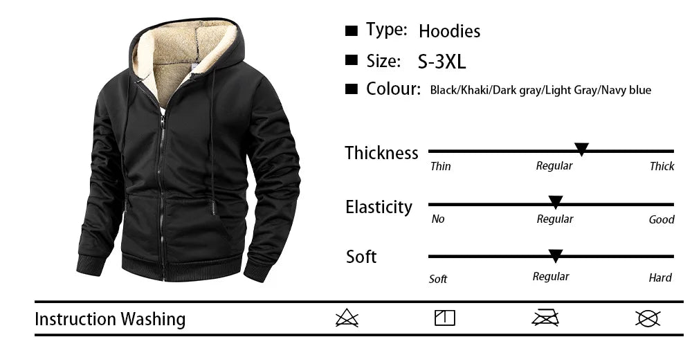 Winter Men's Zipper Jacket Fleece Warm Windproof Hoodie