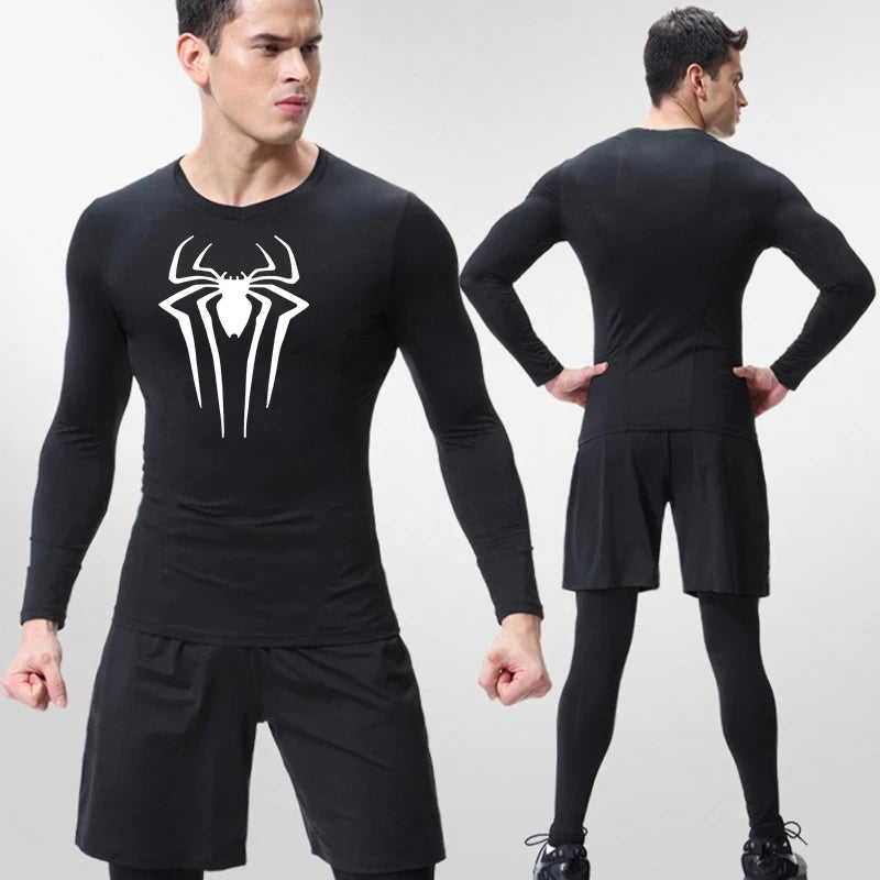Spider Print Long Sleeve Compression Shirt for Men Fitness
