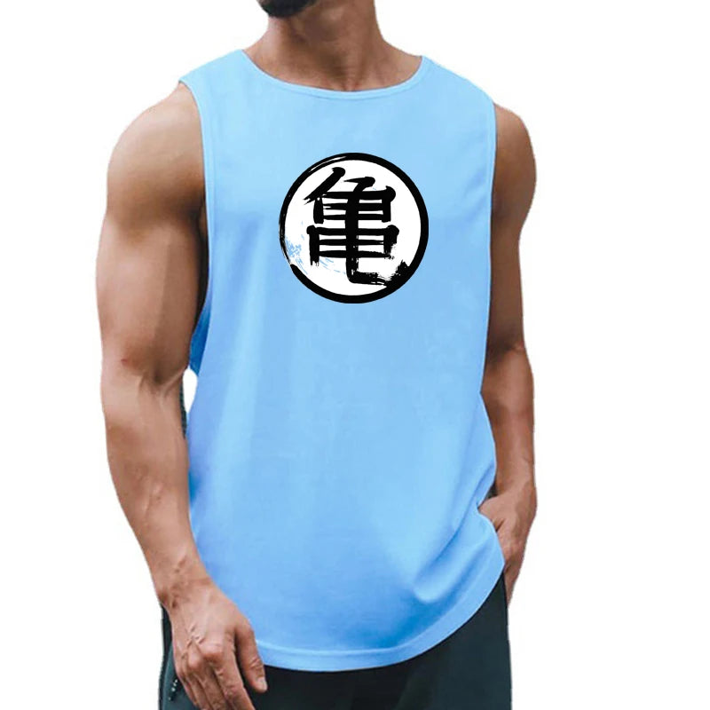Japanese Anime Turtle Script Printed Men's Gym Clothing Fitness Tank Top