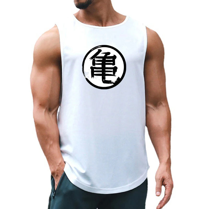 Japanese Anime Turtle Script Printed Men's Gym Clothing Fitness Tank Top
