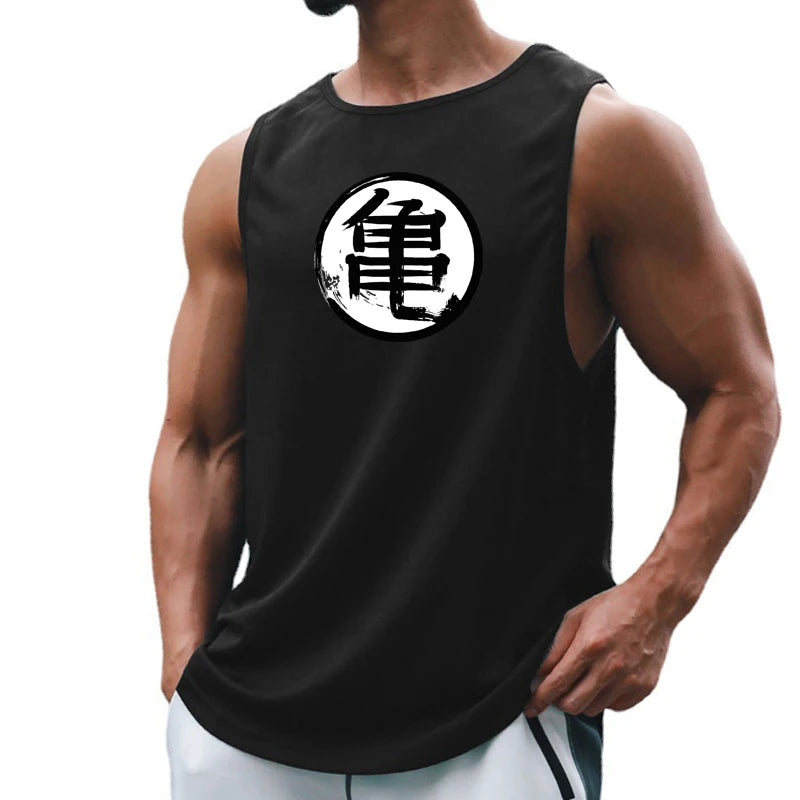 Japanese Anime Turtle Script Printed Men's Gym Clothing Fitness Tank Top