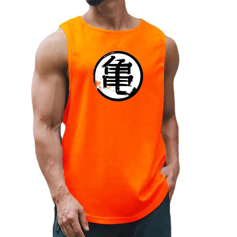 Japanese Anime Turtle Script Printed Men's Gym Clothing Fitness Tank Top