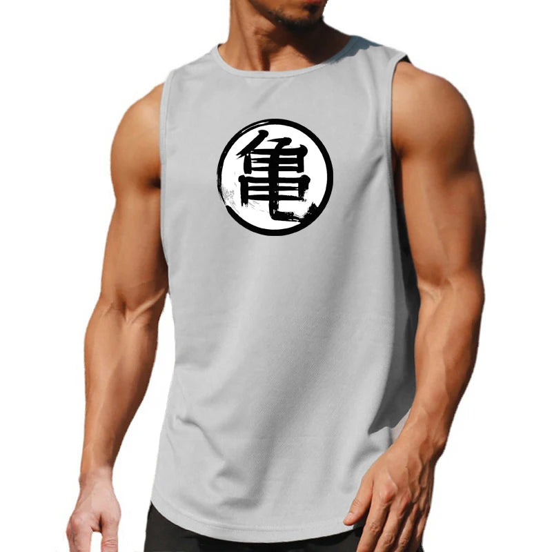 Japanese Anime Turtle Script Printed Men's Gym Clothing Fitness Tank Top