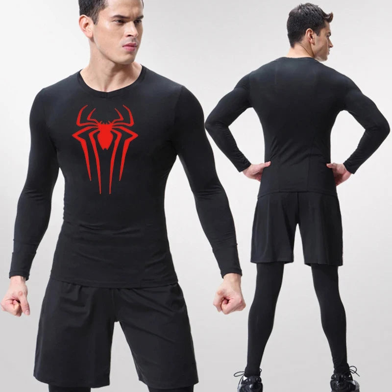 Spider Print Long Sleeve Compression Shirt for Men Fitness