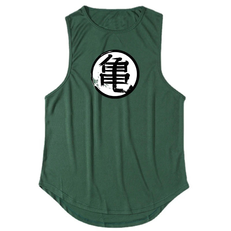Japanese Anime Turtle Script Printed Men's Gym Clothing Fitness Tank Top