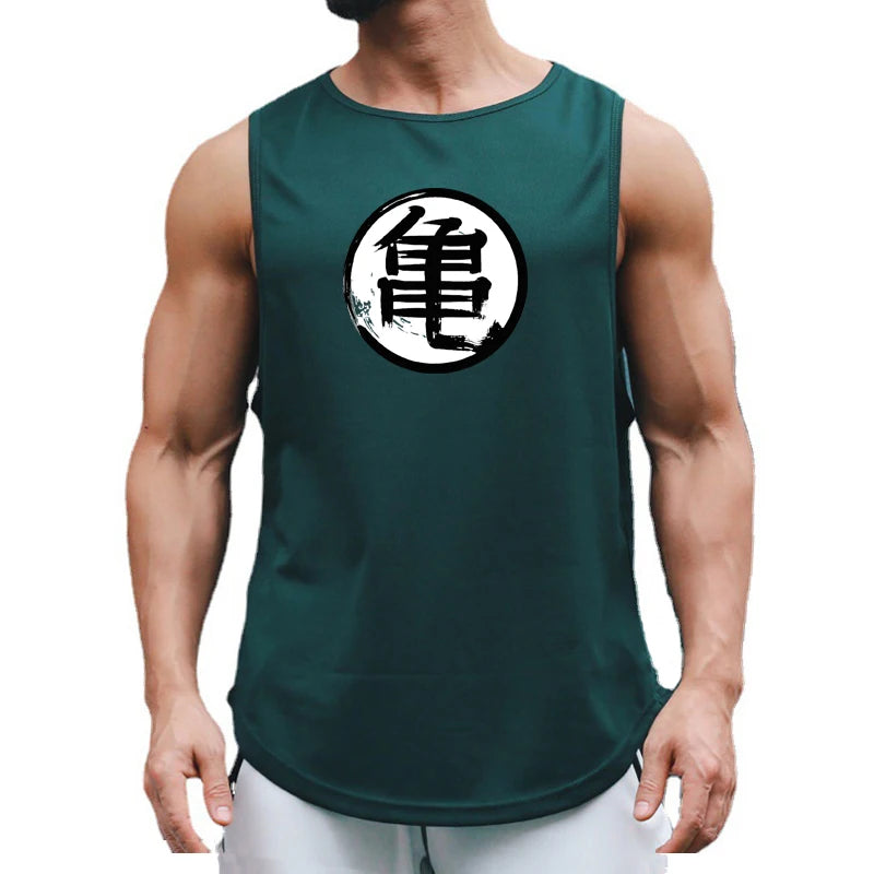 Japanese Anime Turtle Script Printed Men's Gym Clothing Fitness Tank Top