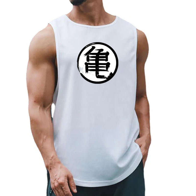 Japanese Anime Turtle Script Printed Men's Gym Clothing Fitness Tank Top