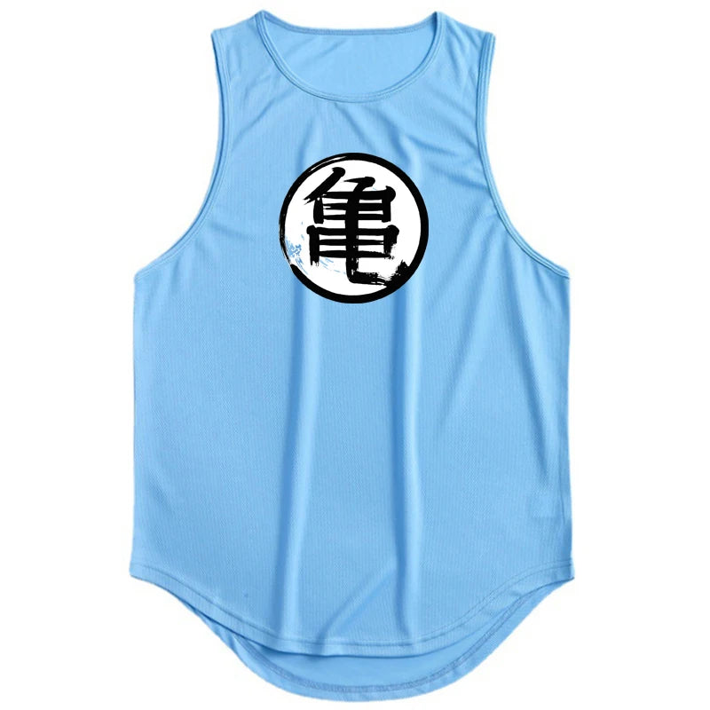 Japanese Anime Turtle Script Printed Men's Gym Clothing Fitness Tank Top